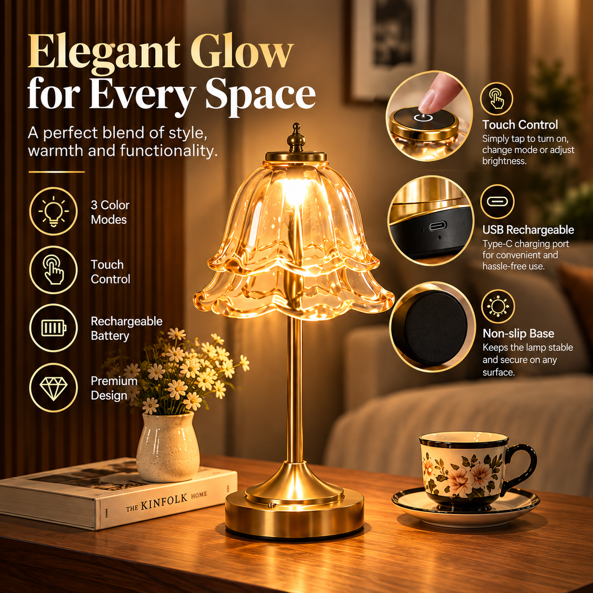 LUMITOP™ Fluer Bellora Touch LED Flower Table Lamp – Rechargeable, Dimmable & Cordless LED Light