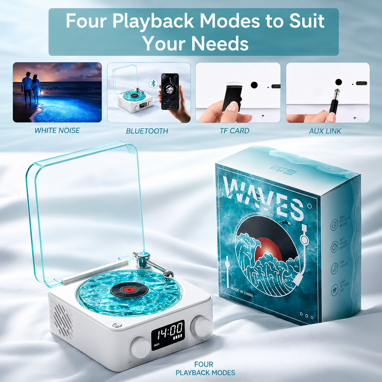 Lumitop Wave Vinyl Player - Retro-Style Waves Wireless Vinyl Bluetooth Speaker with Ambience Light