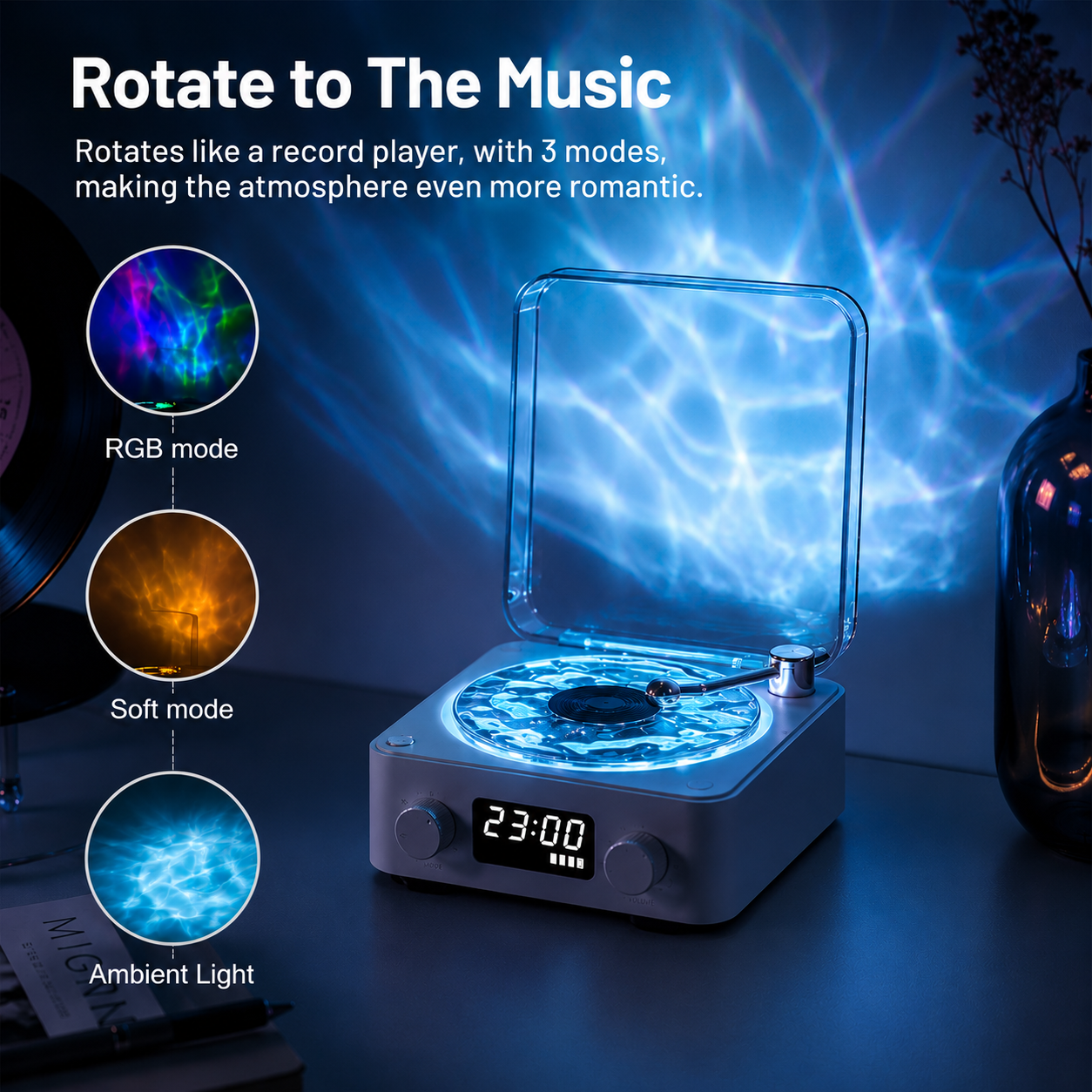 Lumitop Wave Vinyl Player - Retro-Style Waves Wireless Vinyl Bluetooth Speaker with Ambience Light
