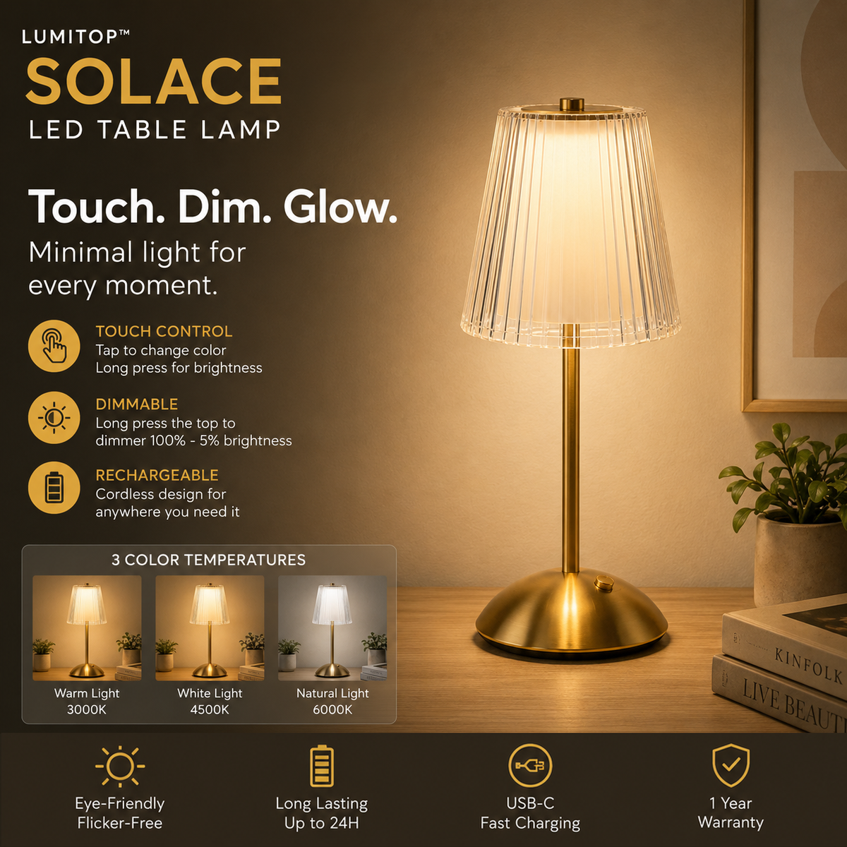 LUMITOP™ Solace Classic Touch LED Table Lamp – Rechargeable, Dimmable & Cordless LED Light