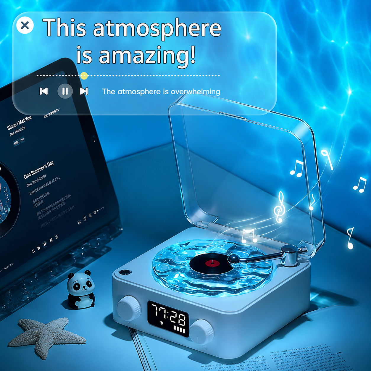 Lumitop Wave Vinyl Player - Retro-Style Waves Wireless Vinyl Bluetooth Speaker with Ambience Light