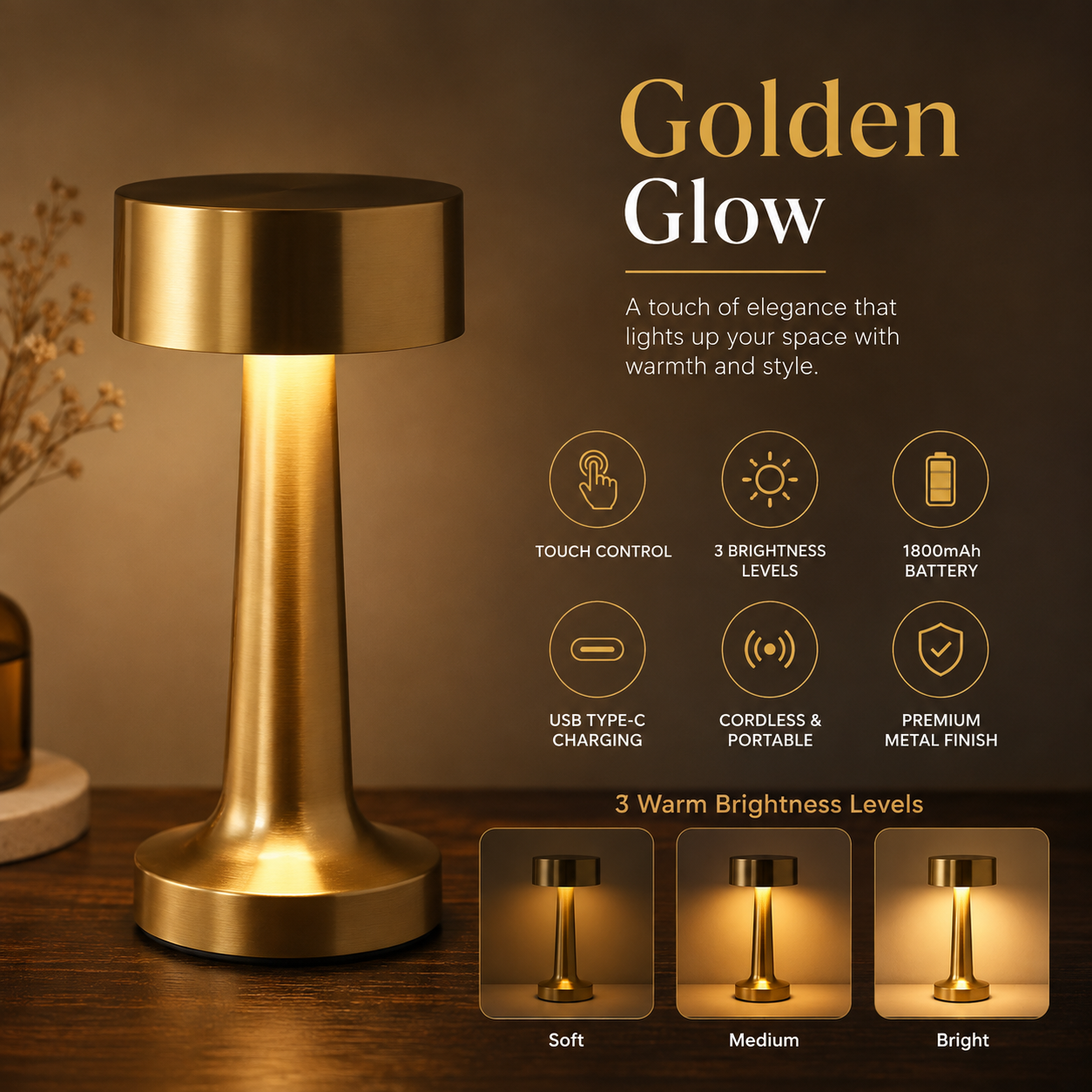 LUMITOP™ Amber Touch LED Table Lamp – Minimal Rechargeable, Dimmable & Cordless LED Light