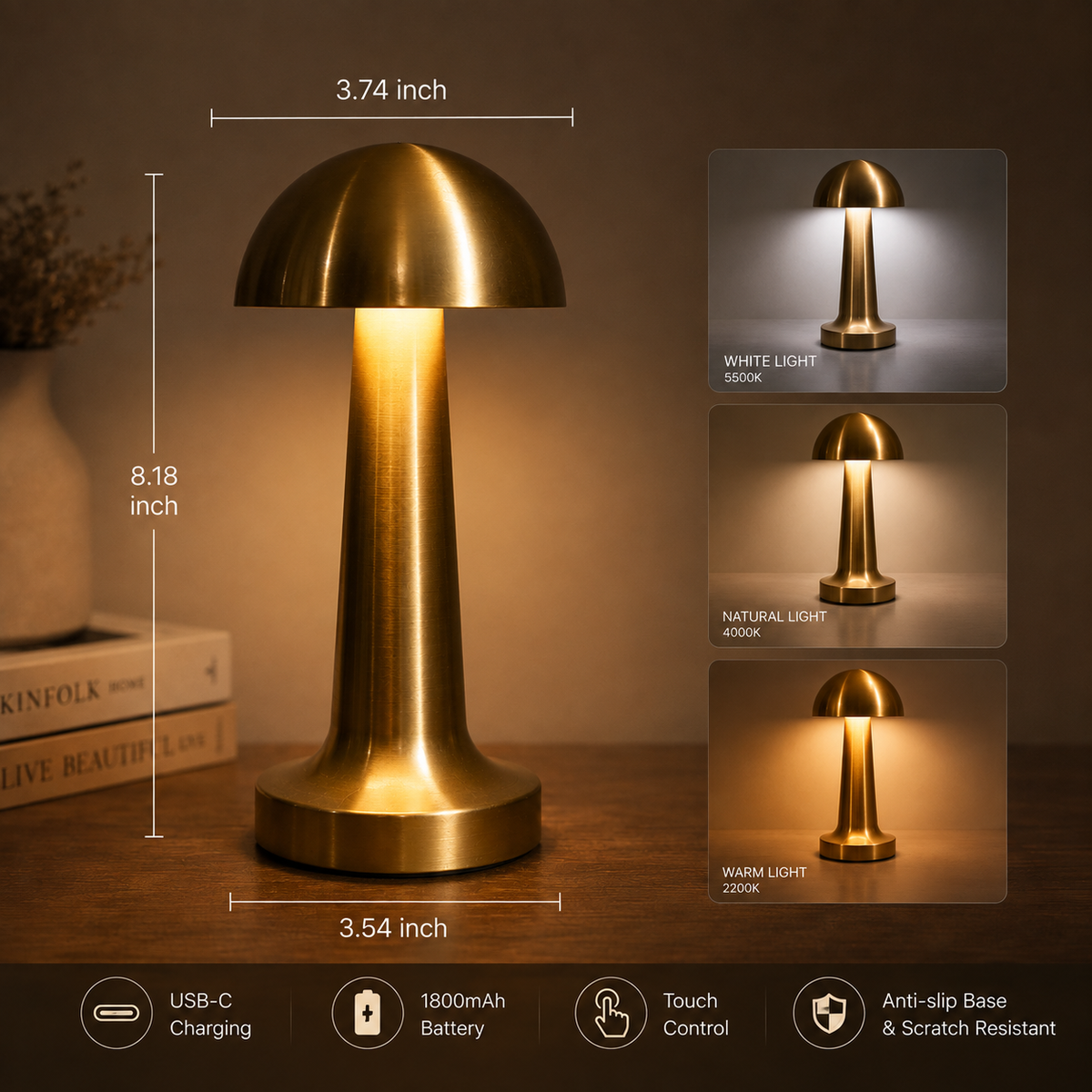 LUMITOP™ Amber Arc Touch LED Table Lamp – Minimal Rechargeable, Dimmable & Cordless LED Light